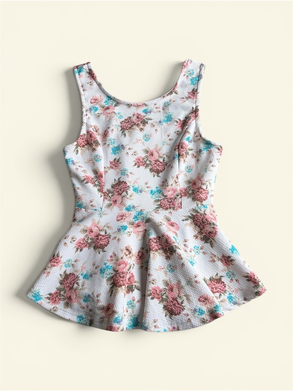 Painted Threads Floral Peplum Top Sleeveless Waffle Knit Pink Teal Women's XS